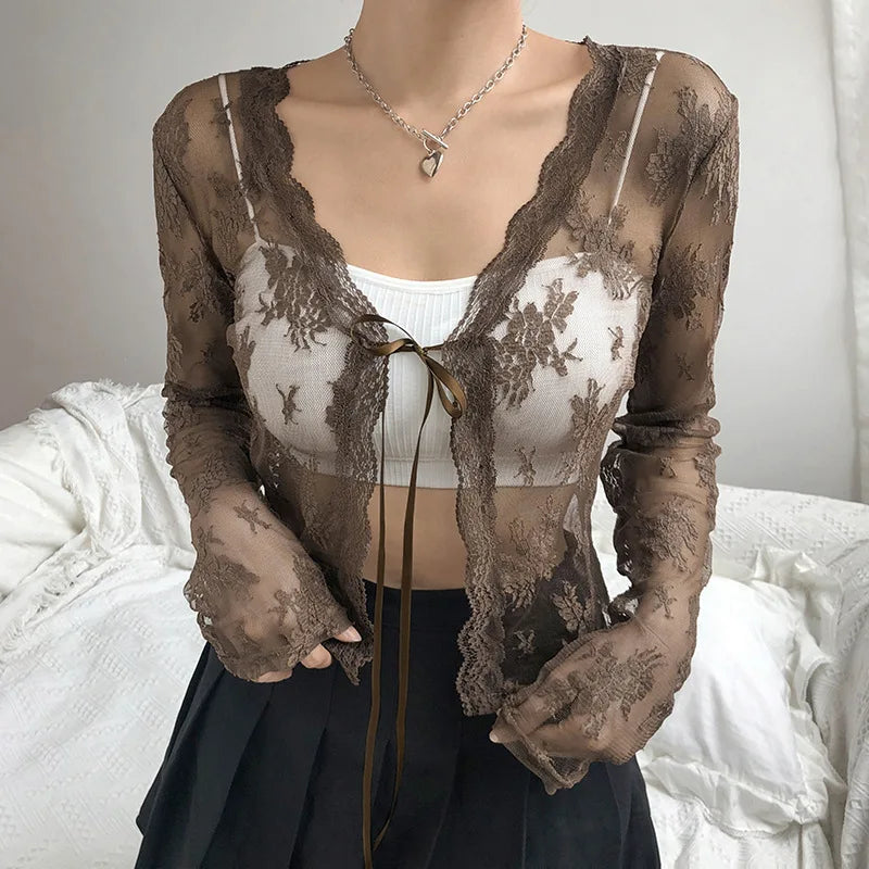 Women Sexy See Through Cardigans Y2K Long Sleeve Lace Mesh Lace Vintage Lace Tie Up Floral Crop Tops Streetwear Cardigans