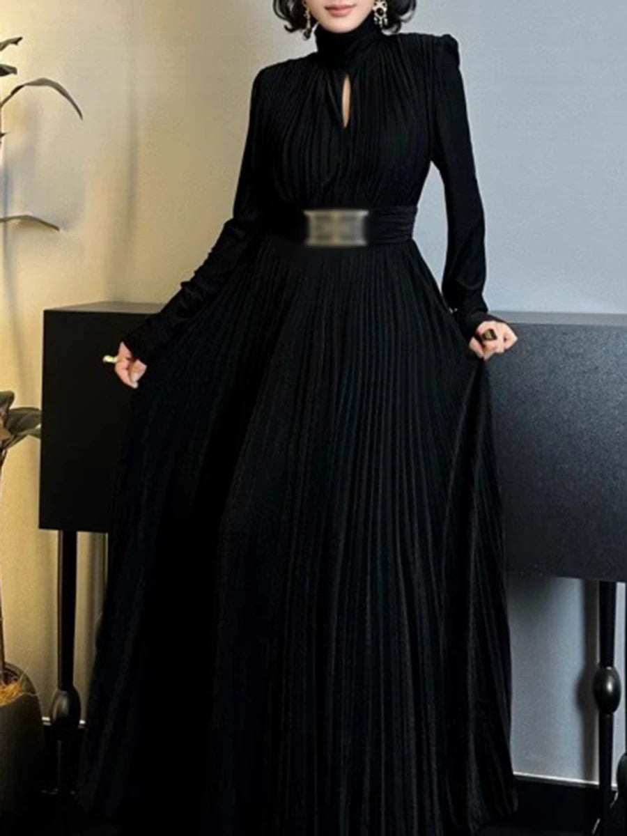 TWOTWINSTYLE Solid Spliced Belt Slimming Dresses For Women O Neck Long Sleeve High Waist Temperament Long Dress Female Clothes