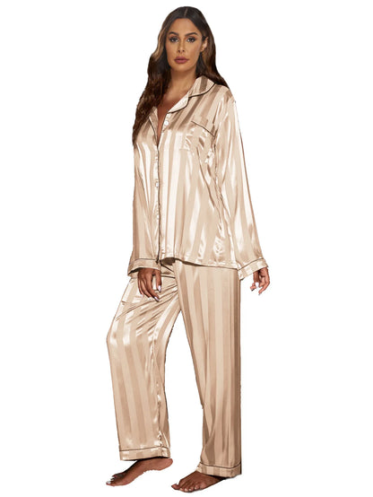 Stripe Long Sleeve Trouser Pijamas Suit Women 2PCS Pajamas Set Sleepwear Spring Summer Satin Nightwear Loose Homewear Loungewear champagne