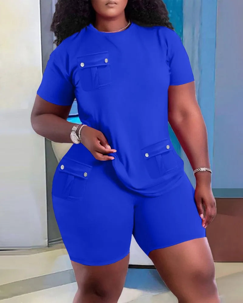 Women Two Piece Shorts Sets Solid Round Neck T Shirts Pockets Elastic Waist Short Trousers Suits Leisure Ladies 2025 Summer