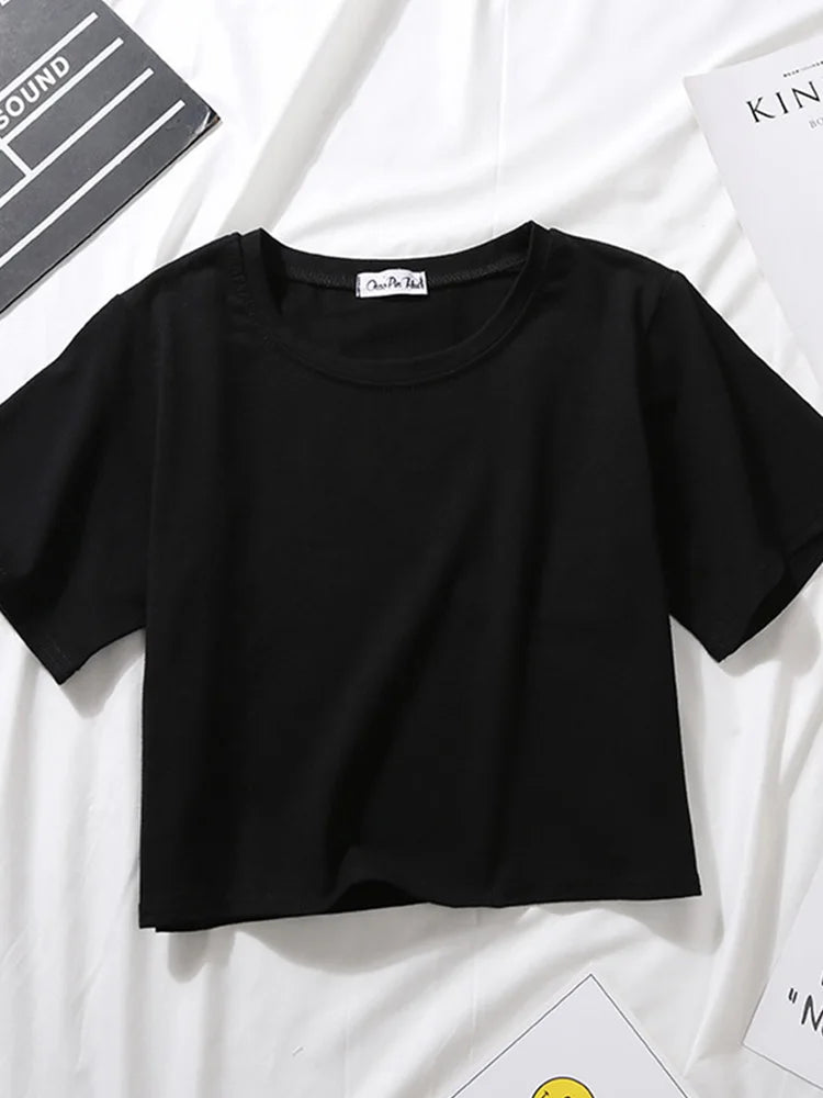 Summer Short Sleeve T Shirts Women Cotton Solid T-shirt O Neck High Waist Crop Top Tee Female Casual Loose T Shirt Badiee Stylez