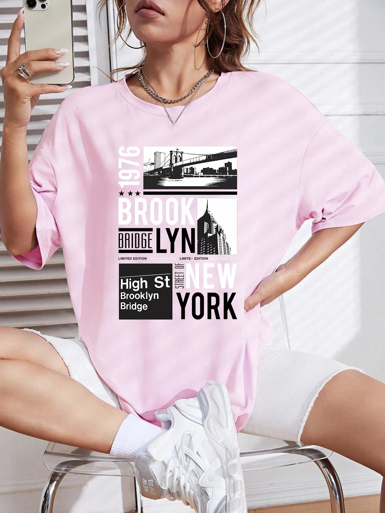 New York Brooklyn 1976 Printing Women T-Shirt Creativity Casual Tee Shirts Street Hip Hop Short Sleeve Basic All-Match Tshirts Pink