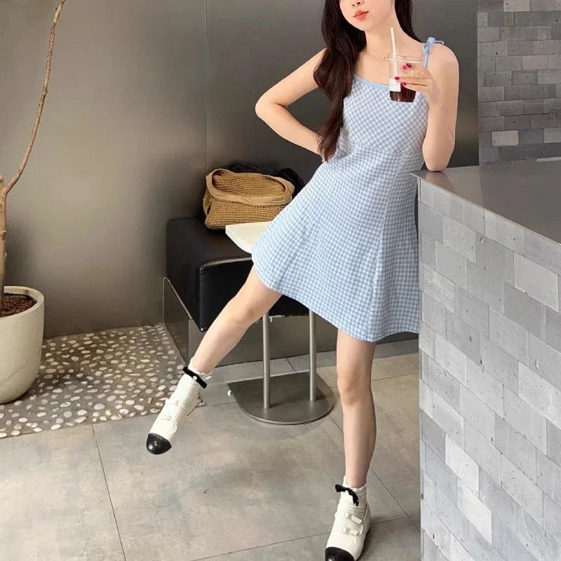 Summer Girls Sweet Red Plaid Slip Dress Lady Korean Designer Bowknots Slim Fit Skirts Female Beach Vacation A-line Short Dress