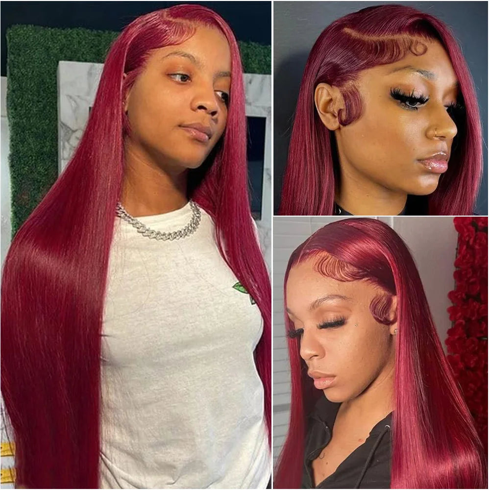 30Inch Burgundy Bone Straight 99J Colored 13x4 Lace Front Wig Human Hair 13x6 HD Transparent Lace Frontal Wigs For Women Badiee Stylez