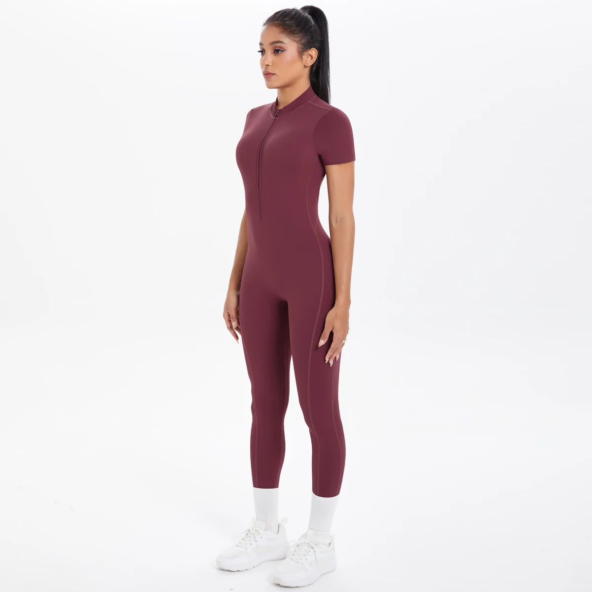 Short Sleeved Fitness Jumpsuit for Woman Bodysuits Backless Solid Color Scrunch One-Piece Suit Half Zipper Gym Yoga Sets Womens