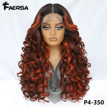 Latisha 13X6 HD Synthetic Lace Front Wigs Curly Pre Plucked Lace Frontal Wig with Bangs for Women Highlight with Babyhair 24Inch Badiee Stylez
