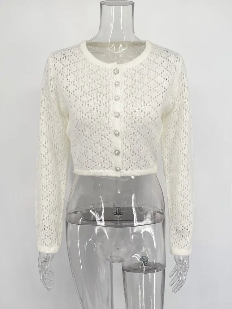 Tossy Summer Knitwear Hollow Out Cardigan Female Long Sleeve Casual Cropped Top Patchwork See-Through Knit Cardigan Outwear 2025