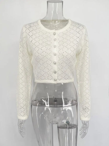 Tossy Summer Knitwear Hollow Out Cardigan Female Long Sleeve Casual Cropped Top Patchwork See-Through Knit Cardigan Outwear 2025