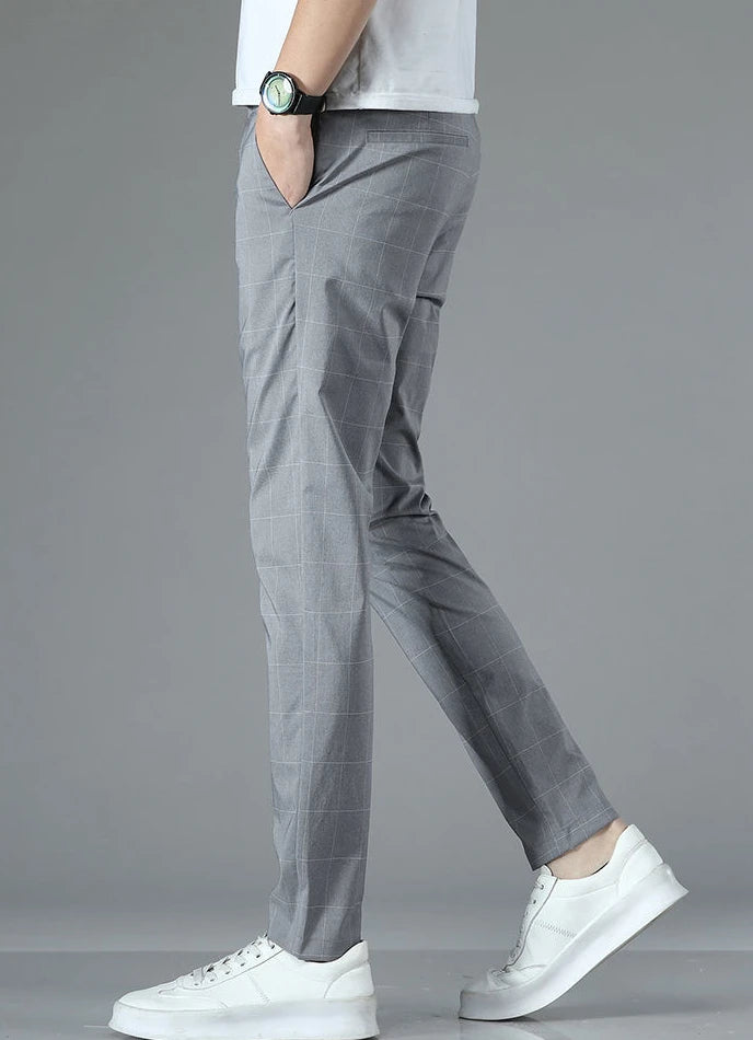 Male Suit Trousers Check Cooling Ice Silk Plaid Straight Up Clothes Offer Slacks Designer Men's Summer Pants Fabric 2024 Classic