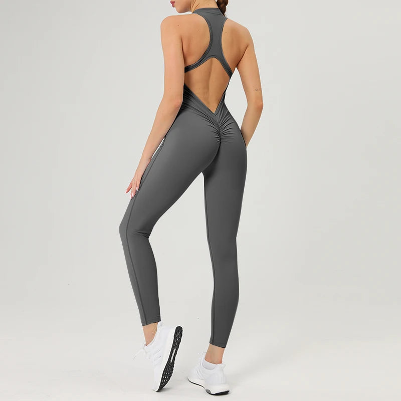 Scrunch Gym Jumpsuit Women's Fitness Suit Short Sets Sports Overalls for Woman Tracksuit Yoga Clothing Zipper Workout Sportswear Grey Pant Set