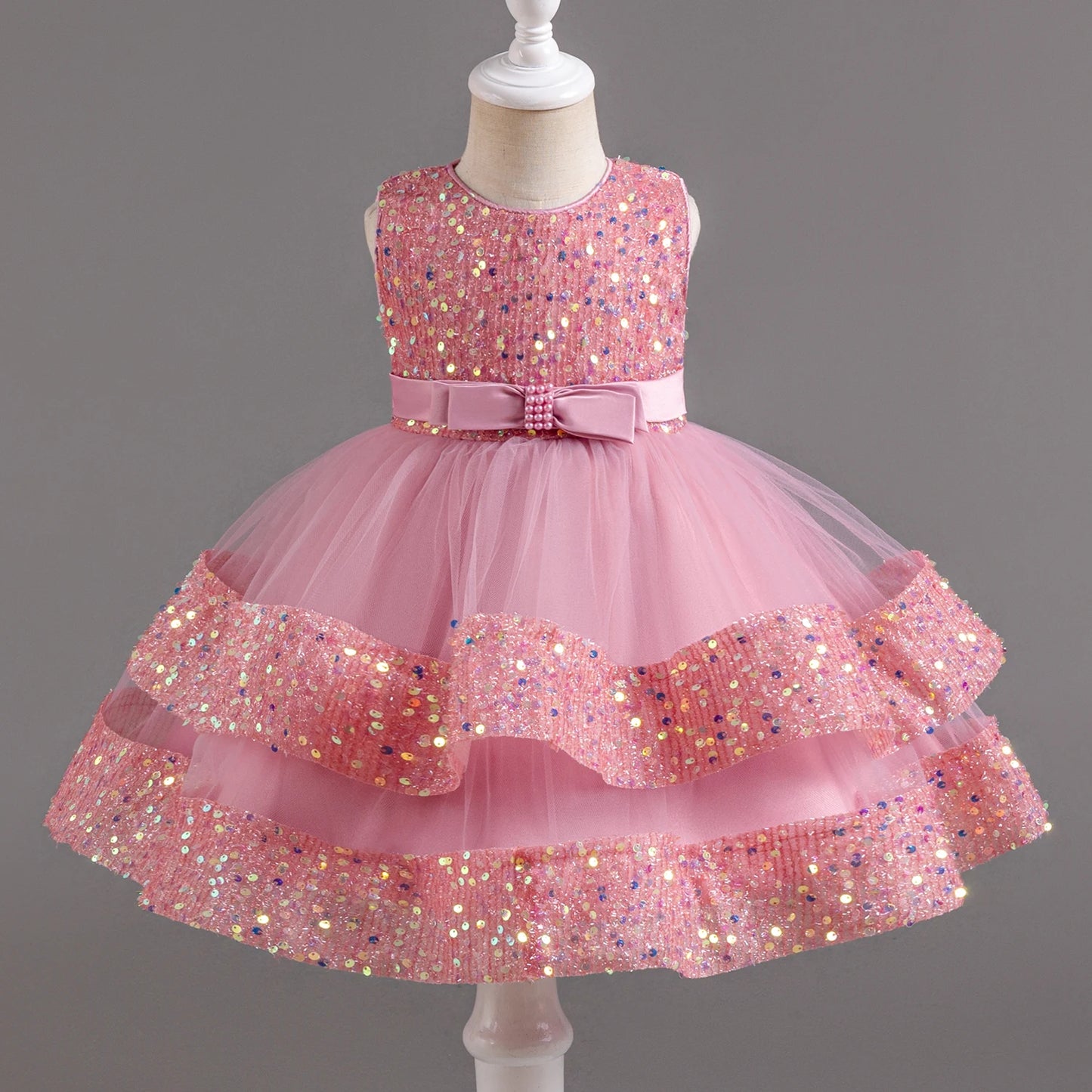 Fancy 12M Baby Sequins Tutu Gown Girl Sequin Bow 1st Birthday Princess Dress Flower Girl Costume for Wedding Party Summer Cloth Pink 03