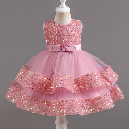 Fancy 12M Baby Sequins Tutu Gown Girl Sequin Bow 1st Birthday Princess Dress Flower Girl Costume for Wedding Party Summer Cloth Pink 03