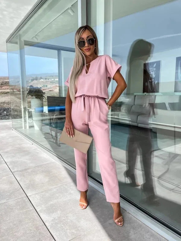Jumpsuit Women 2023 Solid Color Short Sleeve V-neck Pocket Lace-up Pencil Long Pants Jumpsuits Summer Outfits Bodysuits Badiee Stylez