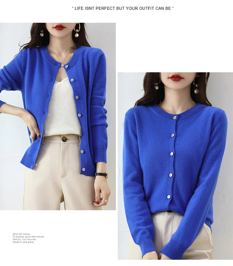 Knitted Cardigan Women's Sweater Autumn And Winter 2022 New Solid Color Coat Round Neck Short Long Sleeve Loose Korean Fashion