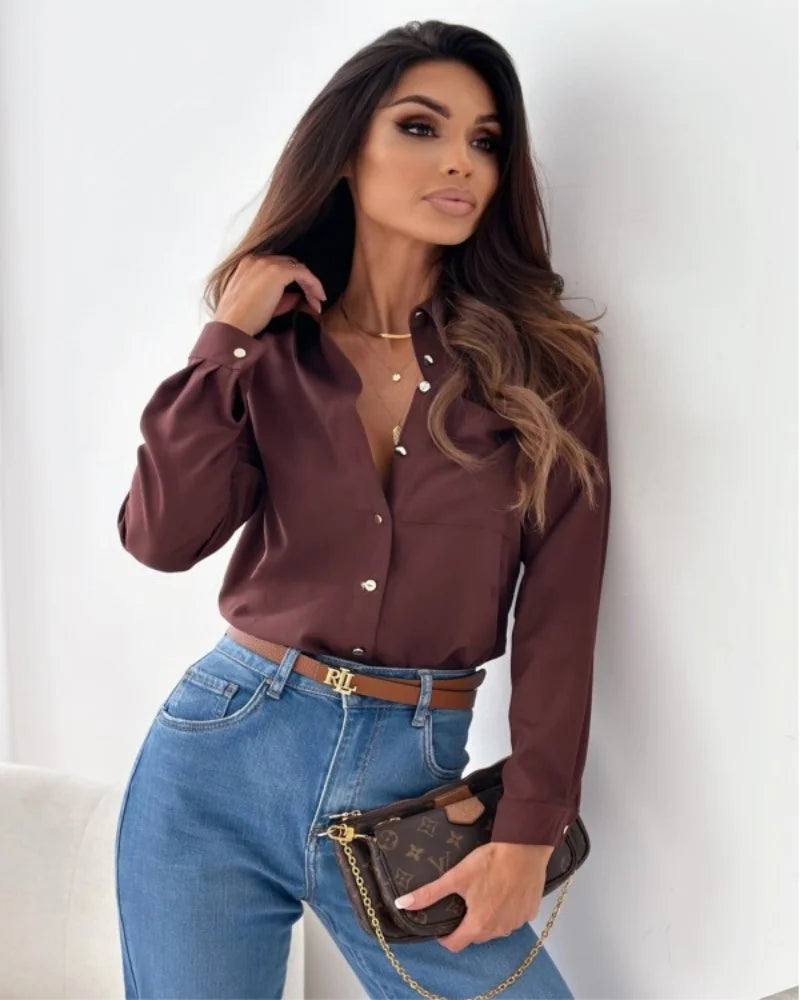 Women Elegant Solid Chiffon Blouse Spring Summer Casual Long Sleeve V Neck Loose Shirt Office Lady Tunics Oversized Tops 2024 Coffee