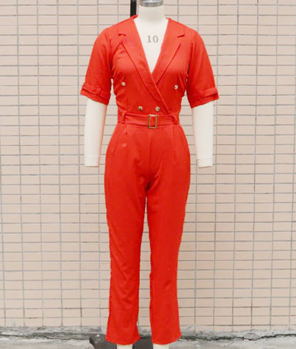 Women Suit Short Sleeve Jumpsuit Slim Fit Fashion Office Lady Spring Summer Elegant Solid Button Sexy High Waist Jumpsuits