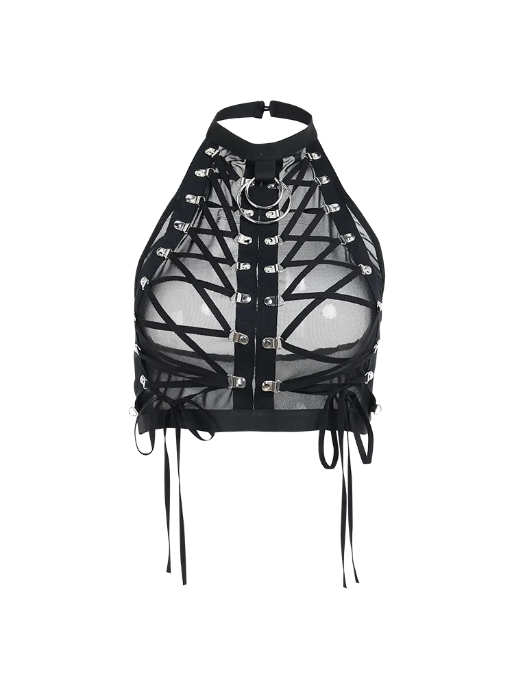 Gothic Punk Ring Halter Top Bodycon Lace Up Crop Bandage Tank Tops Y2k Mesh T Shirt Exotic Vest Sexy Hollow Out Backless Caims
