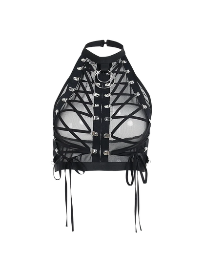 Gothic Punk Ring Halter Top Bodycon Lace Up Crop Bandage Tank Tops Y2k Mesh T Shirt Exotic Vest Sexy Hollow Out Backless Caims
