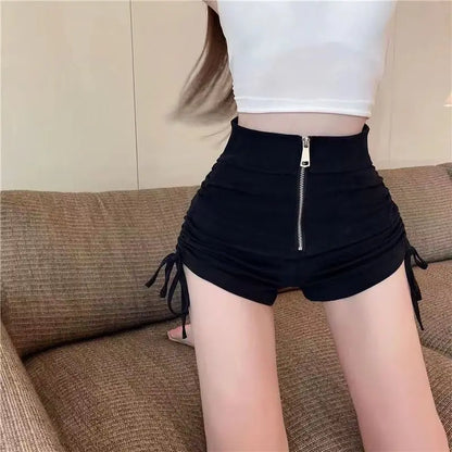 High Waist Shirring Black Bodycon Shorts Female Summer All-match Pleated Elasticity Elastic Waist Straight Women Slim Trousers