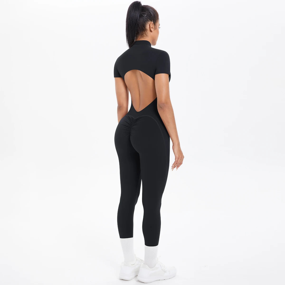 Short Sleeved Fitness Jumpsuit for Woman Bodysuits Backless Solid Color Scrunch One-Piece Suit Half Zipper Gym Yoga Sets Womens