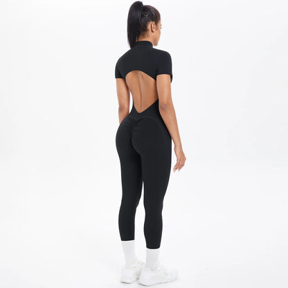Short Sleeved Fitness Jumpsuit for Woman Bodysuits Backless Solid Color Scrunch One-Piece Suit Half Zipper Gym Yoga Sets Womens