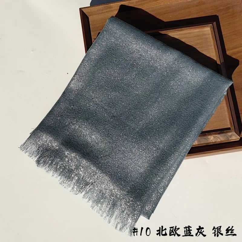 Lastest Brand Design Scarf Shiny Solid Color Shawls Rayon Fabric Gold Silk Silver Wire Head Shawl Fringe Hijab For Women 10