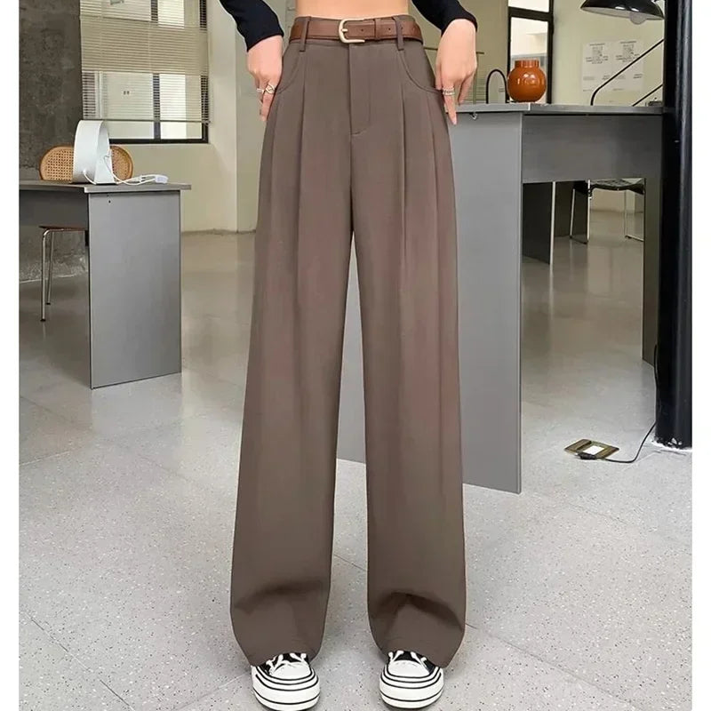 Women Fashion Suit Pants Lady Breathable Baggy High Waist Wide Leg Summer Trousers Lady Straight Leg Black Coffee Classic Pants Badiee Stylez
