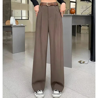 Women Fashion Suit Pants Lady Breathable Baggy High Waist Wide Leg Summer Trousers Lady Straight Leg Black Coffee Classic Pants Badiee Stylez