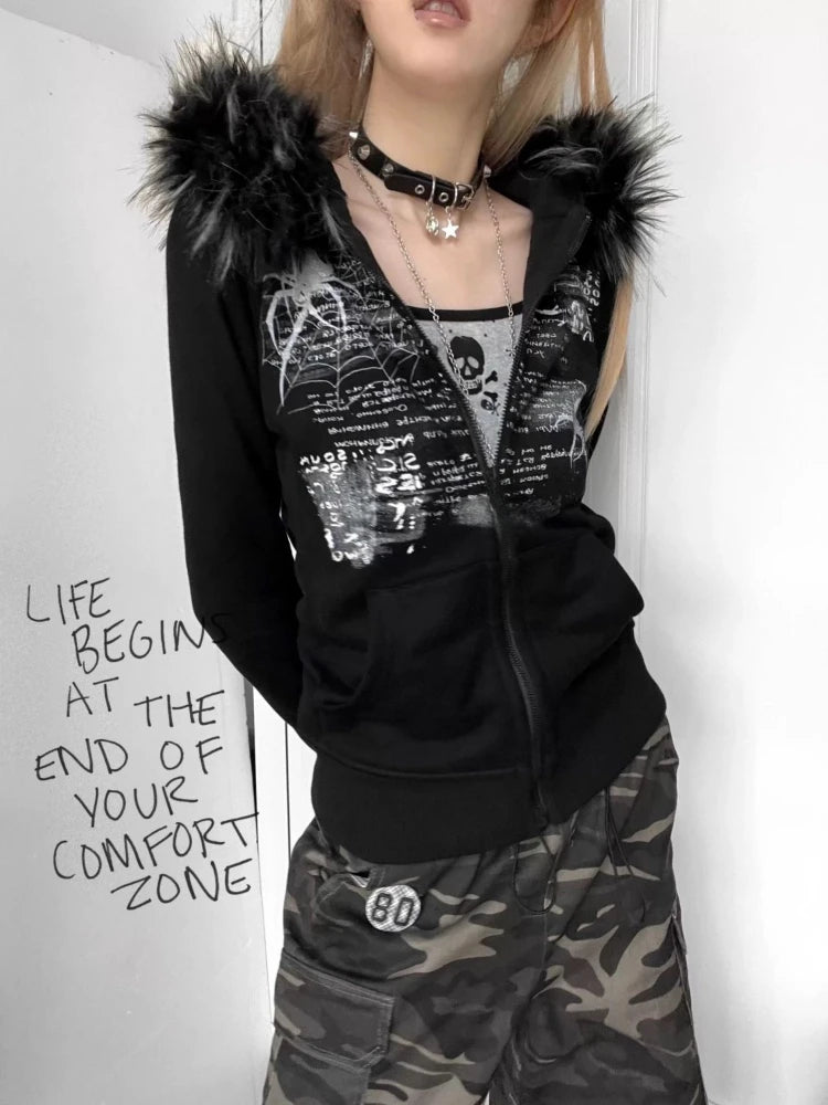 Y2k Fur Patchwork Grunge Hoodies Women Streetwear Vintage Harajuku Gothic Print Hooded Sweatshirt Coat Aesthetic Slim Jacket