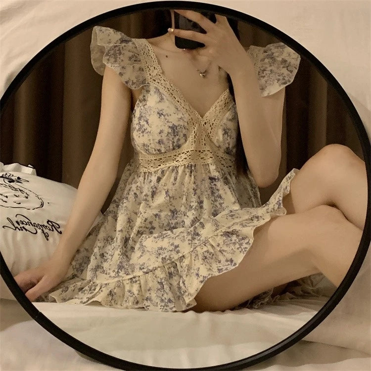 Sweet Princ Sle Women's Lace Nightgown Set with Chest Pad V-Ne ort Pants Summer Breathable Cotton Spwear