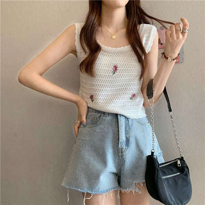 Women Summer Flower Embroidered Knit Tank Tops O-Neck Sleeveless Sweet Camisole Crochet Outer Wear Vintage Loose Inner Crop Tops