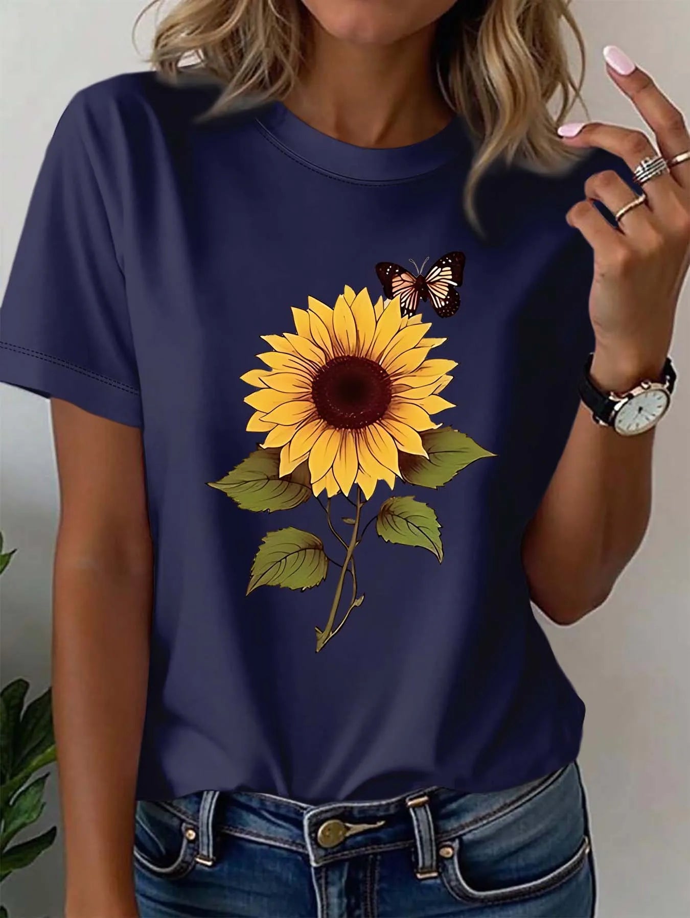 Plus - Size Sunflower & Butterfly Graphic Tee, Short - Sleeve blue