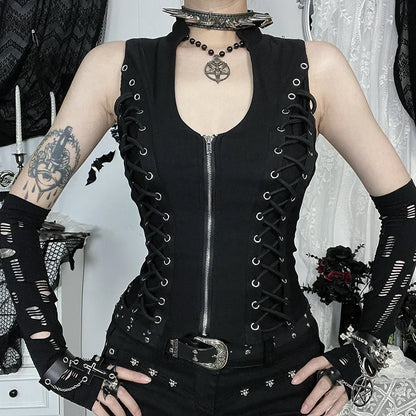 Goth Dark Punk Sleeveless Corn Bandage Tanks Top Women Chic Streetwear Slim Zip Vest Mall Gothic Techwear Summer Fashion T-shirt