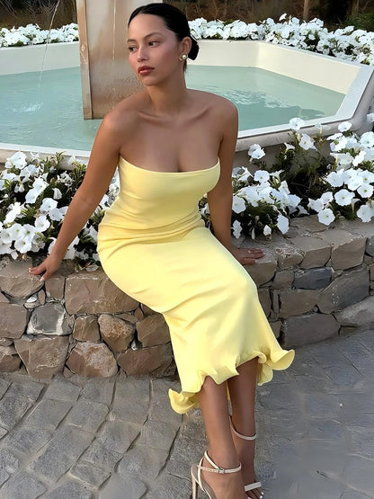 Dulzura Sleeveless Ruffles Patchwork Strapless Bodycon Midi Dress Women'S Solid Sexy Outfit Party Clubwear For Autumn Winter