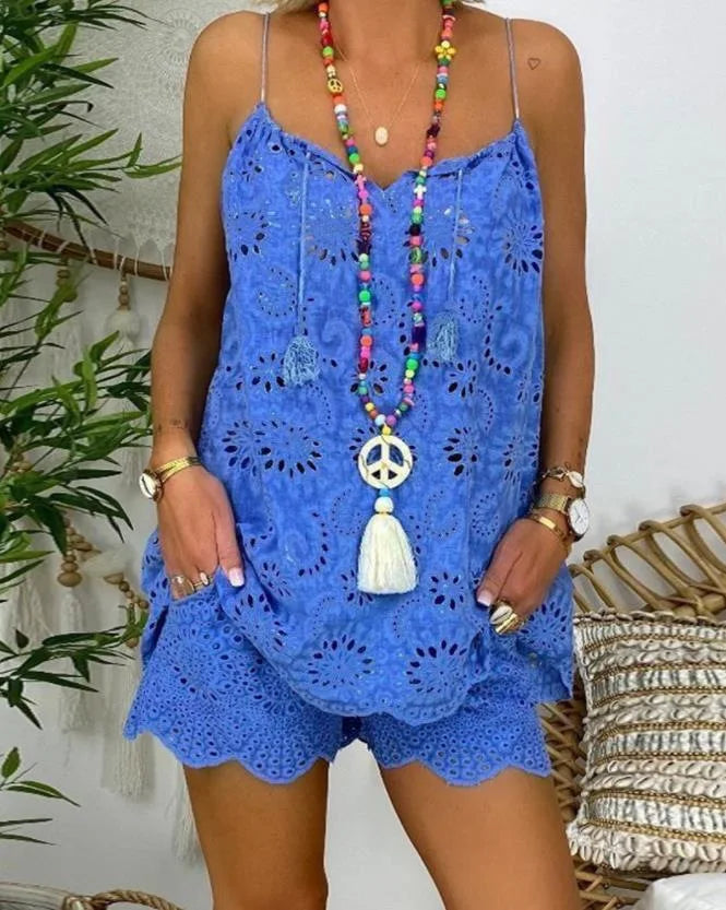 Women's Cotton Linen Sleeveless 2-Piece Set Hollow Embroidery Ruffled Camisole Tassel Vest Drawstring Shorts Printed Casual Set