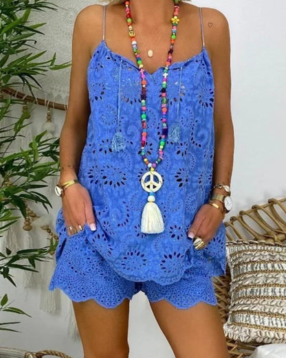 Women's Cotton Linen Sleeveless 2-Piece Set Hollow Embroidery Ruffled Camisole Tassel Vest Drawstring Shorts Printed Casual Set