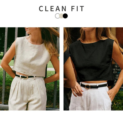 Summer New 100% Linen Sleeveless Crop Top Women's Loose Casual Solid Color Cute Tops Round Neck Minimalist Short T-Shirts