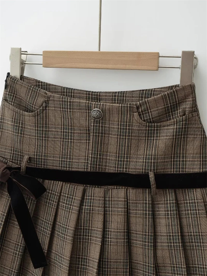 Women's Y2k A-line Pleated Skirt Vintage Plaid Mini Skirt Harajuku Korean Elegant Preppy Style Bow Skirts 2000s Clothes Summer