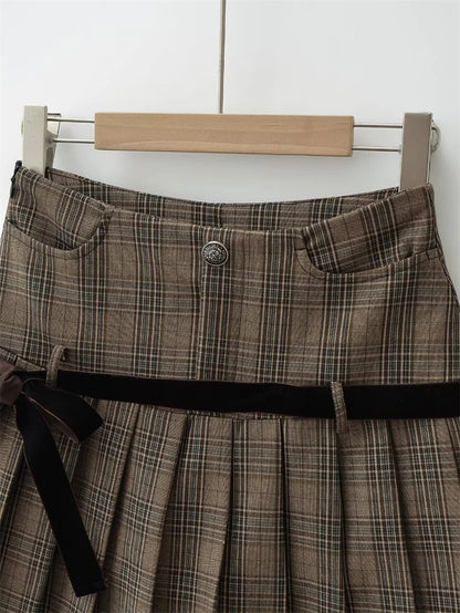 Women's Y2k A-line Pleated Skirt Vintage Plaid Mini Skirt Harajuku Korean Elegant Preppy Style Bow Skirts 2000s Clothes Summer