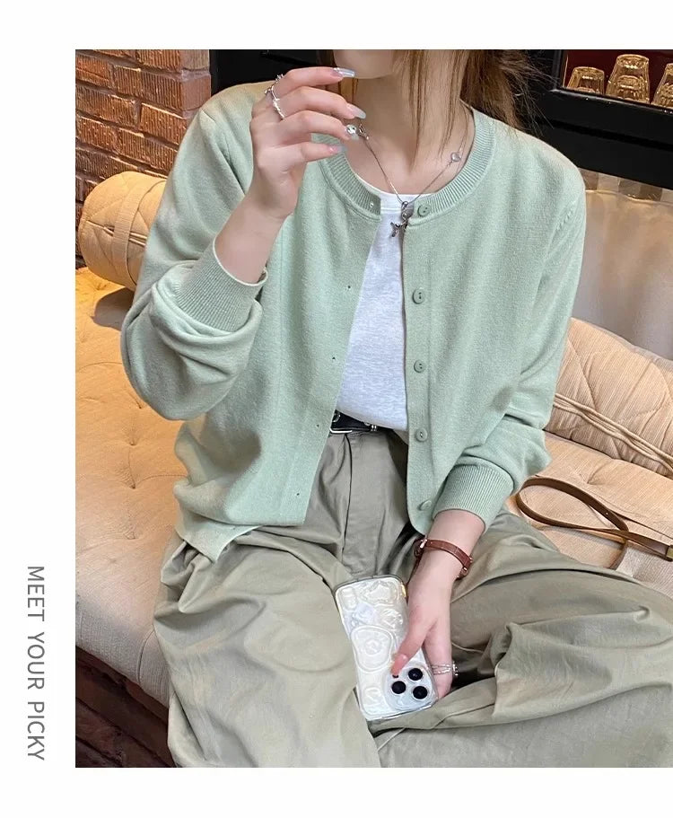 New 2025 Spring Summer Knit Cardigan O-Neck Solid Color Fashion High-Grade Comfortable Slim Casual Knitwear Tops