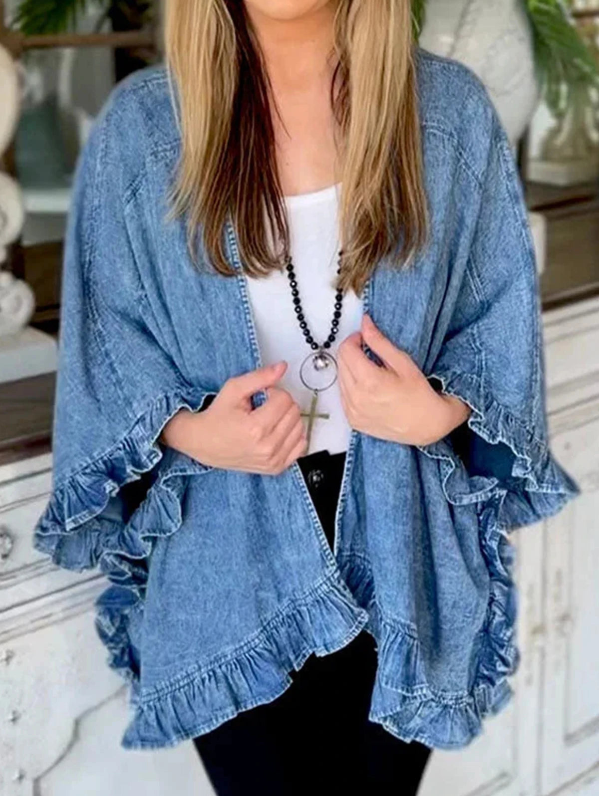 Women Plus Size Denim Jacket Splicing Pocket Ruffle 3/4 Sleeves Loose Irregular Hem Washed Summer 2025 Vintage Female Cardigans