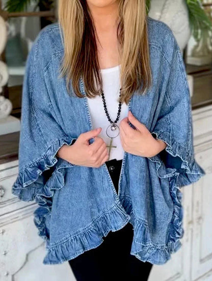 Women Plus Size Denim Jacket Splicing Pocket Ruffle 3/4 Sleeves Loose Irregular Hem Washed Summer 2025 Vintage Female Cardigans
