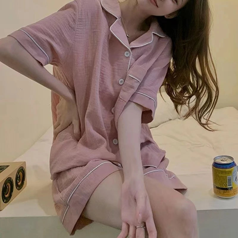 Summer Soft Cotton Linen Nightgown Women's ort Sve Home Clothes Two-Piece Set Cute Youth Polyester Fiber Thin Fabric