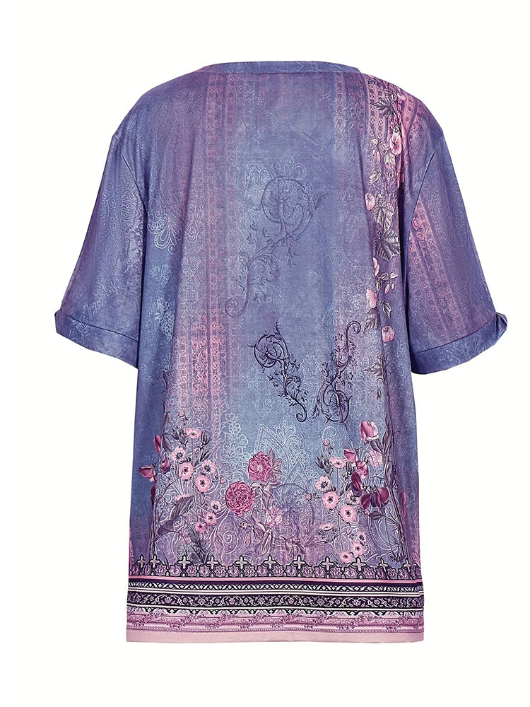 Plus Size 2024 Summer New Women's Printed Pattern Round Neck T-Shirt Short Sleeve Pullover Best for Summer