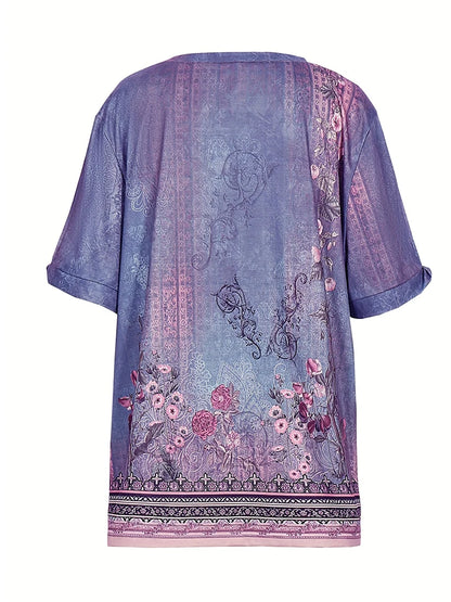 Plus Size 2024 Summer New Women's Printed Pattern Round Neck T-Shirt Short Sleeve Pullover Best for Summer