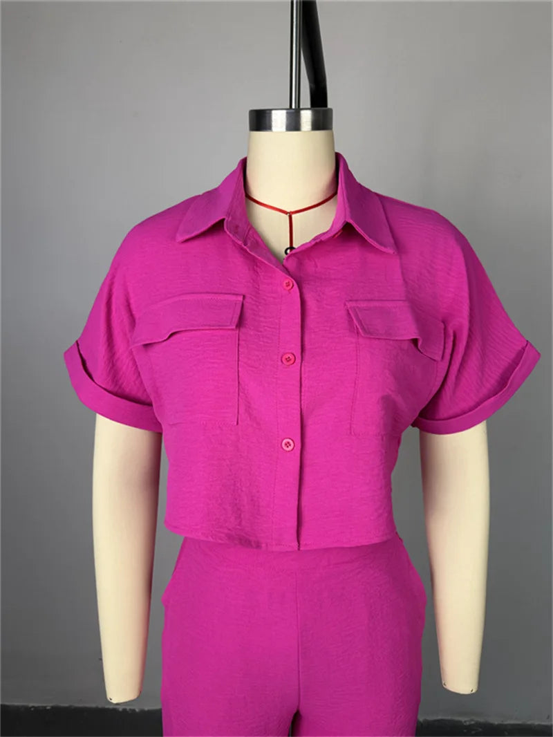 Women's Two-piece Set Spring Summer New Style Lapel Short-sleeved Shirt High Waist Wide Leg Trousers Casual Suit Women Clothing