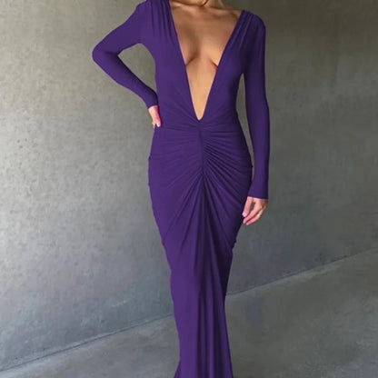 Women Sexy Elegant Long Dress Long Sleeve Backless Bodycon Slit Dress Autumn Evening Party Dresses Female Badiee Stylez