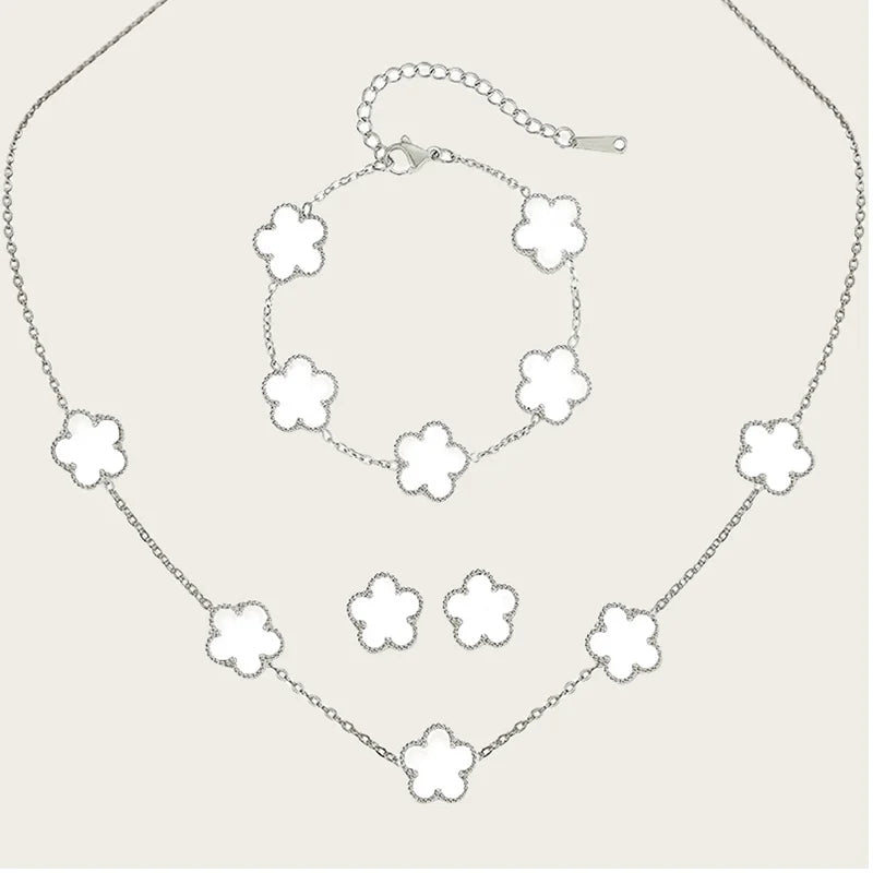 Stainless Steel Sets Earrings Necklace Bracelet Christmas Birthday Gifts Gold Plated Women's Double Sided Flower Elegant Fashion white-silver