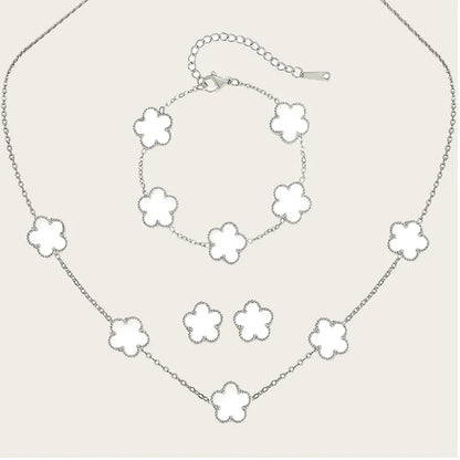 Stainless Steel Sets Earrings Necklace Bracelet Christmas Birthday Gifts Gold Plated Women's Double Sided Flower Elegant Fashion white-silver