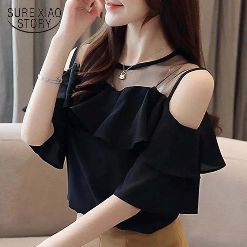 Women's Round Collar Mesh Chiffon Blouse, Short Sleeve Ruffles Tops, Sexy Off Shoulder Shirt, Solid Color Clothes, Summer, 4206 black